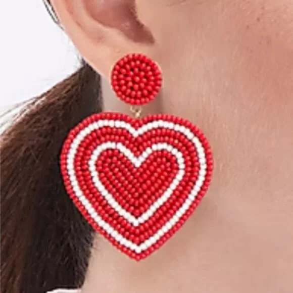 NWT Beaded Red & White Heart Statement Earrings - Picture 3 of 6